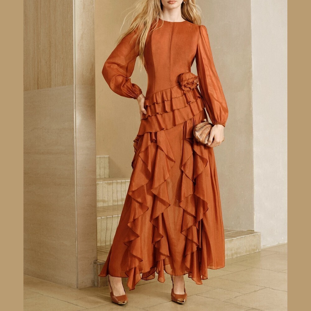 Rust Orange Tiered Ruffle Maxi Dress with Rosette Waist Detail